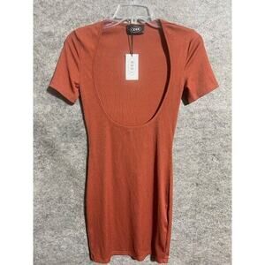 Cider Dress Womens S Knit Bodycon Scoop Neck Stretch Short Sleeve Brown